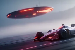 Futuristic formula race car, hovering above track, cyberpunk style, fog, red and white lights