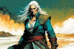 create an imaginative full body print illustration of an ethereal, otherworldly haggard, scarred, and grim, flaxen haired, aged female grandmaster Witcher , in the comic book art style of Bill Sienkiewicz, Mike Mignola, and Jean Giraud Moebius, with highly detailed facial features , finely drawn, colored and inked,