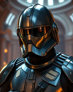 star wars bald male corellian pilot wearing pearlescent black and gunmetal grey First Order special forces heavy assault stealth commando armor and helmet with mirrored visor and gold and metallic red trim inside the jedi temple, hyperdetailed, dynamic lighting, hyperdetailed background, 8k resolution, volumetric lighting, light skin, fully symmetric details