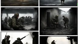 Masterpiece1:5)(Fineart), (award-winning:1.5), highest quality, (ultra realism:1.5) war journalism(,(by Tim Page and Hoorst Faas:1.5)),(Eastern Ukraine:(panel one:the moment after a battle ends, horrors of war, wounded men),(2nd panel, cinematic shot of men sitting in trench with 1000 yard stare (focus on their eyes:1.5)),(the third panel shows troops tired but hyper alert), (the fourth panel shows the sky is filled with incessant, fire and smoke everywhere,)