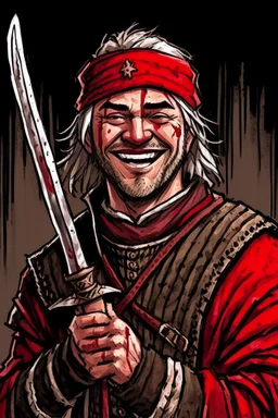 Strand von Zarovich smiling, holding a bloodied sword