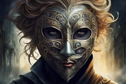 Generate an illustration of a character wearing a mask, symbolizing hidden intentions. Convey the psychological intrigue by depicting contrasting emotions between the visible and concealed face. Fantasy blending realism with whimsy
