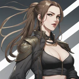 A portrait view of an arrogant-looking young woman with pale skin and long brown hair pulled up in a single, straight ponytail. She is wearing a black, sleeveless crop top. An air of malevolent power surrounds her. Anime Style, High Definition, Greg Rutkowski, 8k resolution, intricate details