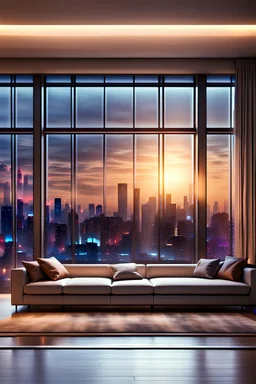 гостинная комната приглушенное освещение большое панорамное окно с видом на город плазменная панель на стене 4к реалистичное фото