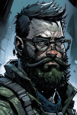 A rugged spacewolf with short thick black beard wearing power armor and glasses, art style Alex Maleev