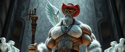 ogre cowboy brilliant detailed full figure portrait disco glittery fluffy muscle man dino anime in the style of Escher and Giger in front of dented marble tower of transparent glass dove statues