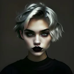 Girl with blonde short wavy cut, black lipstick, black t-shirt and grey eyes
