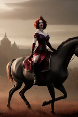 christina hendricks as evil queen in burgundy leather gown on a horse, angry, stern look, volumetric lighting, particales,highly detailed,cinematic, deep colours,8