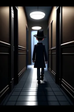 Seorang anak laki-laki berbaju hitam, bertopi hitam, berkacamata dan bersepatu, berjalan di lorong, 3D animation