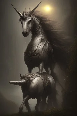 unicorn , dystopian surrealism, dark horror fantasy, hdr, demonic, dark art