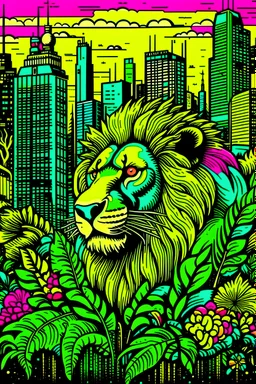 pop art, city, jungle, lion