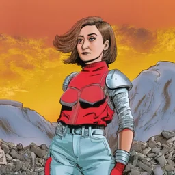 Una mujer luchadora de frente periodista en armadura plateada futurista en un estilo de comic de 1980 en un wasteland en montevideo con un volcan rojo de fondo y pequeños robots