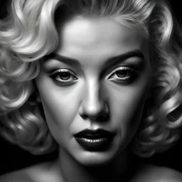 dark photo, Marilyn Monroe portrait extreme close-up, frontal, facing the camera, vignette, highly detailed, moody, epic, gorgeous, film, atmospheric haze, dynamic lighting, award-winning photography, black and white photography