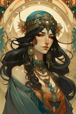 Portrait of Egyptian goddess in turban and long black hair and loads of jewellery painted by brush in style of Alfons Mucha