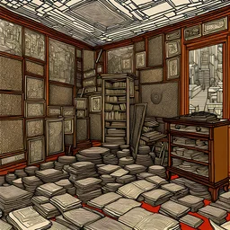 Colourful, peaceful, Egon Schiele, Max Ernst, Vincent Van Gogh, dark tower room, alos of items on the ground, one-line drawing, sharp focus, 8k, deep 3d field, intricate, ornate