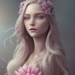 femme long cheveux blond yeux bleus , 8k resolution, flower magnolia lotus rose, beautiful portrait, 8k resolution, flower head and body, beautiful