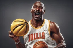 michael jordan wearing a banana mustache, shooting a basketball and crying, photorealistic