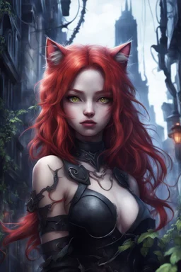 CAT GIRL, FANTASY, VINES, SOULLESS, FLUFFY TAIL, RED HAIR, METAL, CITY