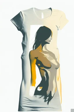 A minimalist, t-shirt design with a vintage twist, featuring a sleek and stylized unclad woman's body silhouette against a faded, women's body is a painting about nature, awesome, bright.