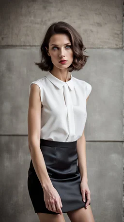 beautiful anorexic secretary, total shot, short satin skirt, nylons, short brunette wavy bob hair, blurred concrete background