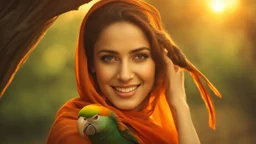 Hyper Realistic close-up-view of a Beautiful-Young-Happy-Pashto-Woman-with-beautiful-eyes-smiling-with-a-parrot, white-dress-&-orange-shawl & breeze-whirling in a jungle-with-tall-trees & cloudy-sunset-&-sun-rays showing dramatic & cinematic ambiance