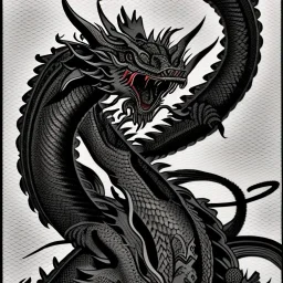 Ukiyo-e styled art, black and white dragon, full picture