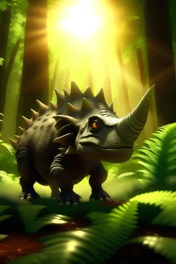 A cute triceratops roaming through a prehistoric forest filled with towering ferns and lush vegetation, with rays of sunlight filtering through the dense canopy.