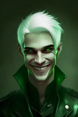 plauge doctor in balck leather clothes with silver hair, pale skin and bright green eyes smiling with sharp teeth, nice young face