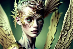 white background, golden Angel, tattoo, feathers, steampunk, fantasy, old canvas, torn cracks, flowers, cyberpunk, gold, silver, green lilac color, mystical, glow, golden makeup, fine drawing, high detail, high resolution, 8K, 3D, Daniel Castan Carne Griffiths Andreas Lee Russ Mills