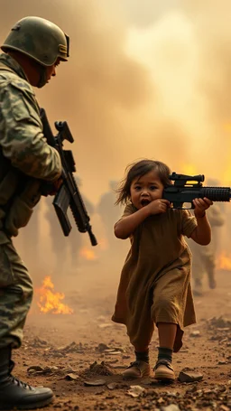 Army solders fighting young children, the children are crying and scared in a smoke and fires war environment