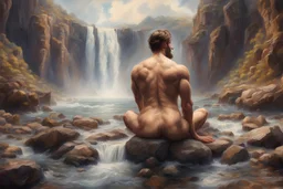 4K realistic high-detail photography of a full detail body skin glitter dust wet view of handsome guy naked muscular bearded British backview sits, Clouds, cliffs, EDEN river waterfall, floating rocks, philosophic and trascendent, cosmic infinite influence, mountains, charles leickert, henry luyten, and walter leistikow impressionism paintings, by sergei Parajanov movie