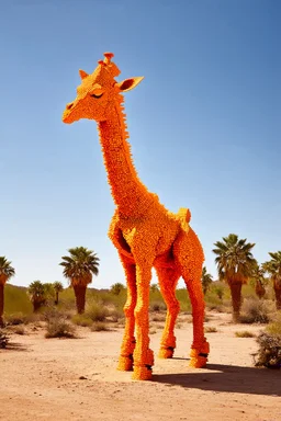 Enhance the surrealism in the scene with the anthropomorphic orange peel rind spiral giraffe-looking creature, emphasizing the spare, peel sculpture with negative space, set in a dramatic, eerie desert with palm trees, to create a more profound and impactful visual.