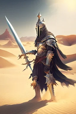 royal knight holding a greatsword roaming a desert