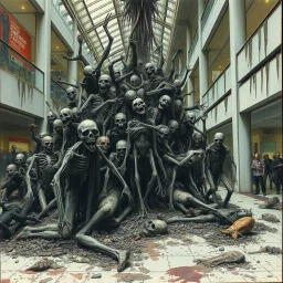 decaying shambolic zombie hoard in an atrium of a mall, by Simon Bisley and Stephen Gammell