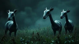 A dark fantasy, scifi theme, from four herd of gentle herbivorous creatures with long necks, one large central eye little two ears on head and a separate small, soft herbivore mouth, rounded bodies and dark gray-green skin, standing in a misty grassy landscape with deep colors and many plants,. Curious, slightly uncanny expressions, photorealistic, cinematic atmosphere, realistic skin texture.