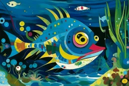 A blue underwater abyss with angler fish painted by Wassily Kandinsky
