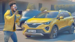 guy arguing on cellphone next to his kia sportage as a lemon