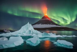 landscape from Iceland, with a big volcano on Fire, little glass icebergs on the sea, northern lights, a big Waterfall and a big cruise boat on the sea