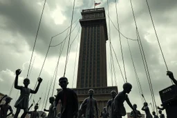 a cruel oppressive government towers above, pulling the strings of puppets below, the news media broadcasting the puppets' suffering everywhere, dystopian, dread, horror