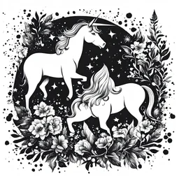 Unicorns in style ink on wet paper, clip art, white background