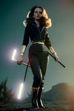 retro portrait image from 1960, explosion, long hair, young Scarlett Johansson, classic black tight lycra suit, metal stick weapon, gold bracelet and belt, high heel boots, soft color, highly detailed, unreal engine 5, ray tracing, RTX, lumen lighting, ultra detail, volumetric lighting, 3d, finely drawn, high definition, high resolution.