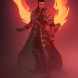 A full body image of a king, dark hair with red armor, surrounded by flames and fire