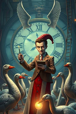 news muscle gambler scientist journalist harlequin playing geese dinosaur reptiles in very bright light bulb factory on the docks with twisted ladders with the most a confused look on his face in front of a huge glass prism clock with angels, in the style of Escher and Giger