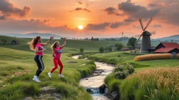 a group of young ladies in sports pants and blouse are dancing to camera in village over high grassy hills,a small fall and river and wild flowers at river sides, trees houses ,next to Ripe wheat ready for harvest farm,windmill ,cloudy sun set sky