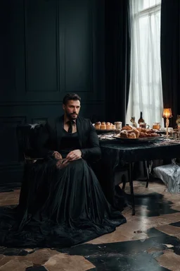 "prompt": "A dark, moody, surreal scene of a rugged auto mechanic at a decadent high tea. Instead of workwear, he now wears a flowing, high-fashion silk gown — glossy black with crimson undertones, draped dramatically yet smeared with streaks of oil and dust. BALL gown clings to his BUFF muscular frame while long folds cascade onto the cracked marble floor. He sits at a grand, candlelit tea table covered in black velvet, where tarnished silver trays hold eerie pastries, shattered porcelain cups