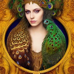 portrait of woman queen of peacocks, stunning, beautiful, gorgeous, realistic, photo illustrative, ornate, 8K resolution, high-quality, fine-detail, digital art, detailed matte, brian froud, howard lyon, selina french, anna dittmann, annie stokes, lisa parker, greg rutowski,