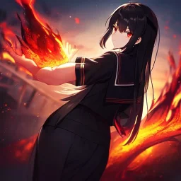 Clear focus,High resolution, Black long hair, Red eyes,Wearing a black sailor uniform,Looking away from the viewer, Back view, Ready for a epic battle between gods, Blurry fire