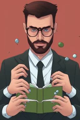 Fit man in round glasses with bookshelf in background, stubble,no beard, reading book, slim, tie, monotone, green eyes, comic book style, two tone colours, detailed, ink, realistic, handsome, square jaw, big brows, no jacket, bird on the shoulder, spotlight