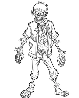 outline art for halloween coloring pages for kids with cartoon cute zombie , white background, Sketch style, full body, only use outline, clean line art, white background, no shadows and clear and well outlined, coloring page for kids,