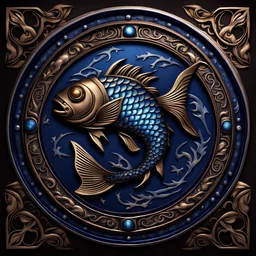 Create an image of a beautiful, ornate metallic Pisces zodiac symbol (♓) in the center, with two fish curved around it in a circular manner. The fish on top is bronze with detailed hues of blue, silver, and gold on its scales, pointing to the right, while the bottom fish is silver, pointing to the left, also with detailed hues of blue, silver, and gold on its scales. The background features a fusion of astrology and steampunk elements, including old star maps, golden celestial bodies